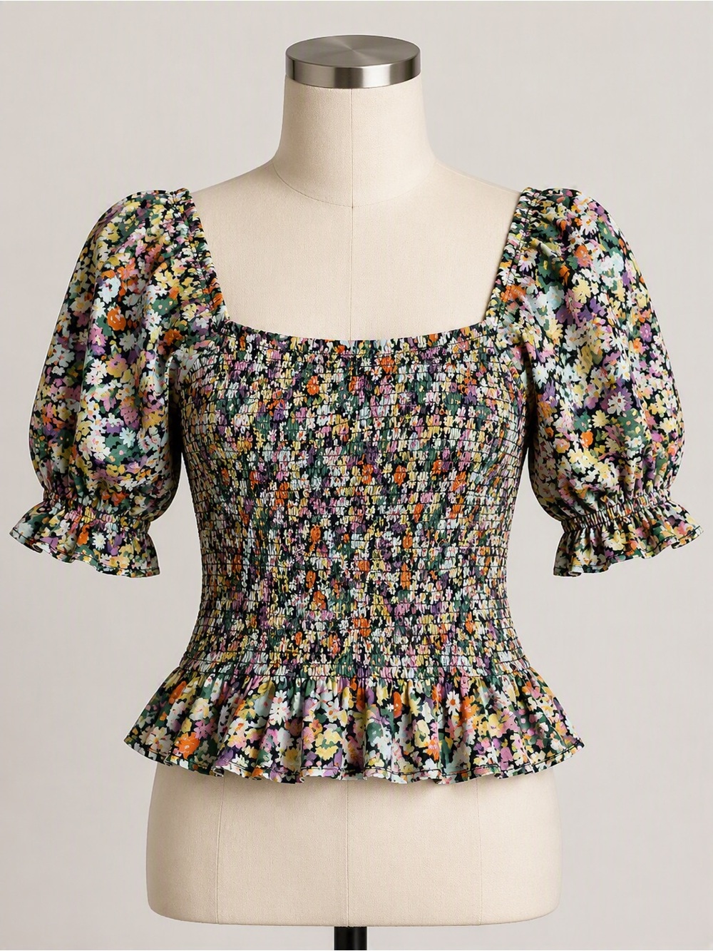 GAP Floral Smocked Puff Sleeve Peplum Top Size S